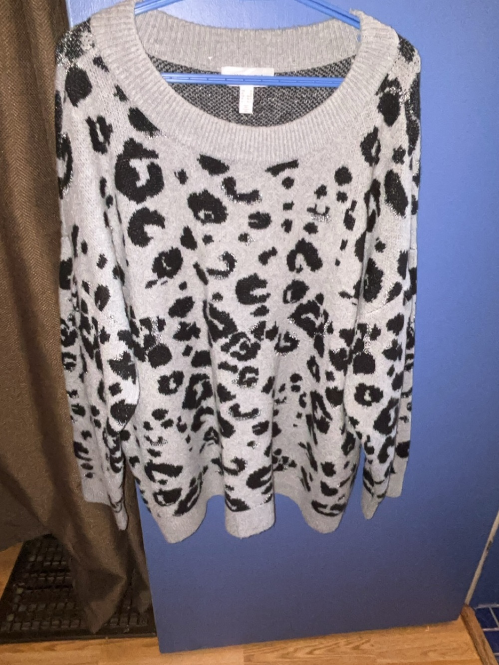 Addition Elle Black and Gray Leopard Scoop Neck Sweater
